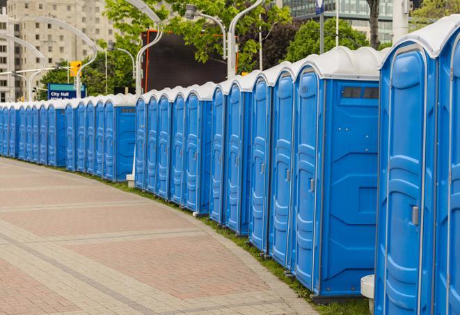 hygienic portable restrooms lined up at a beach party, ensuring guests have access to the necessary facilities while enjoying the sun and sand in Normandy Park